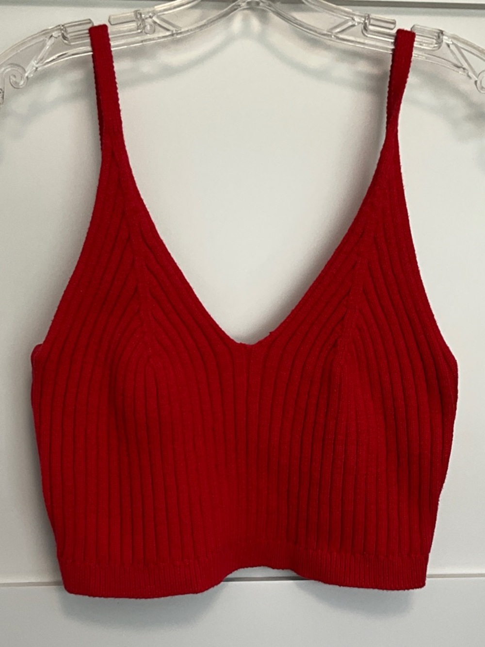 Ribbed V-Neck Red Crop Tank with Slim Straps